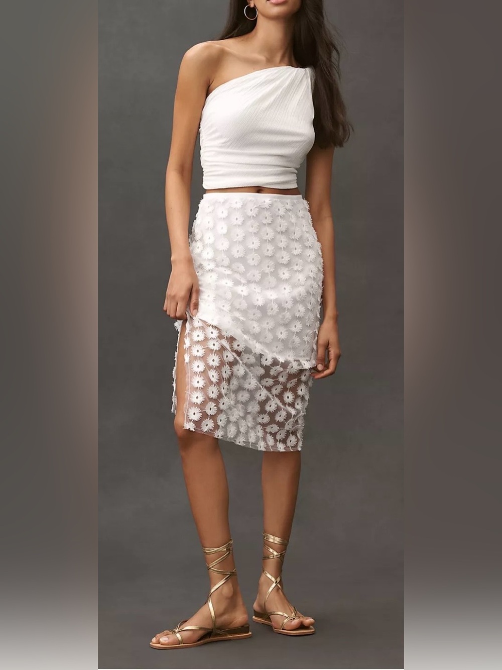 Anthropologie 3D Floral Texture Sheer Mesh Slip Midi White Skirt Size Small